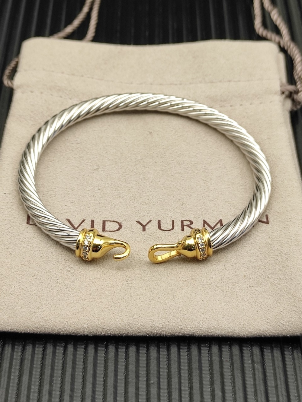 David Yurman Silver Cable Bracelet with Gold Clasp and Pavé. 5mm